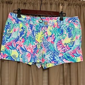 Lilly Pulitzer Pink and Blue Bermuda Shorts Vibrant Tropical Design